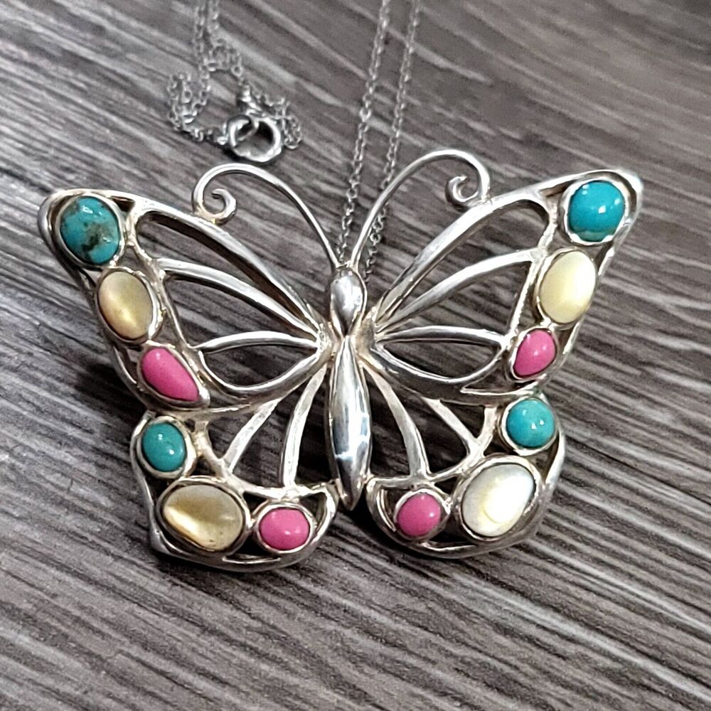 Vintage 925 Sterling Silver Gemstone Butterfly Pendant Necklace 18"